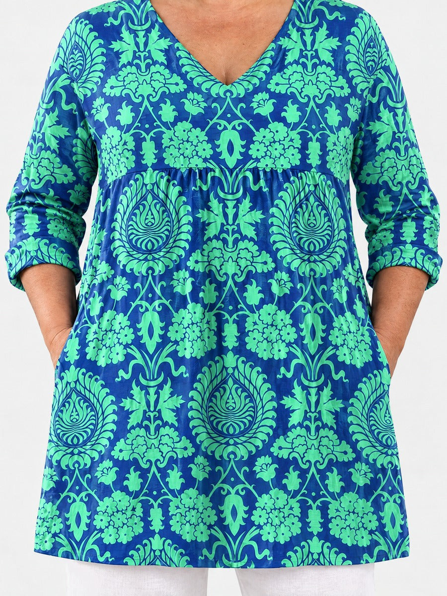 Marlee long blouse front view on a plus-size model