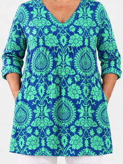 Marlee long blouse front view on a plus-size model