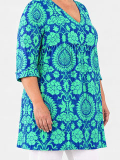 Marlee long blouse side view on a plus-size model