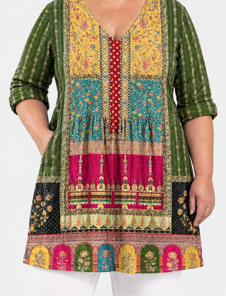 Melody long blouse front view on a plus-size model