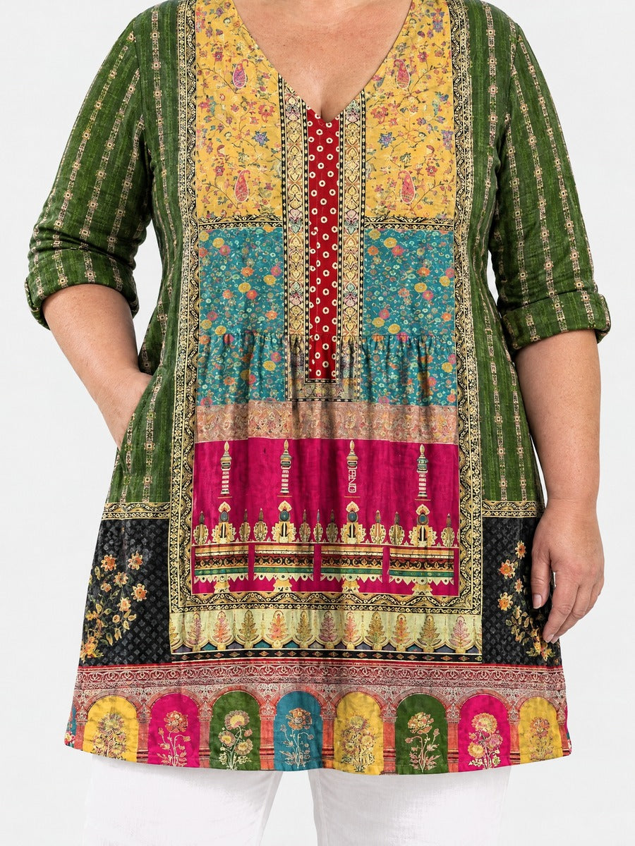 Melody long blouse front view on a plus-size model