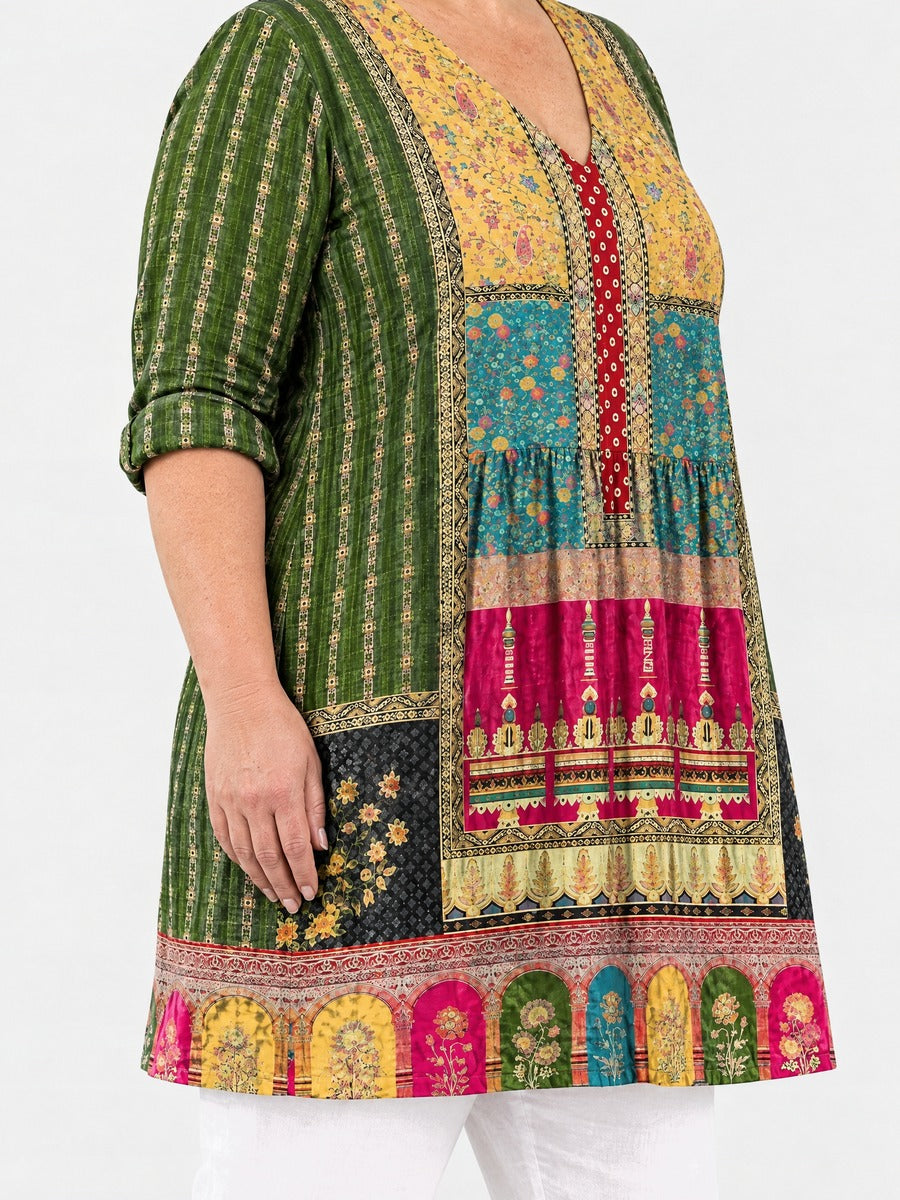 Melody long blouse side view on a plus-size model