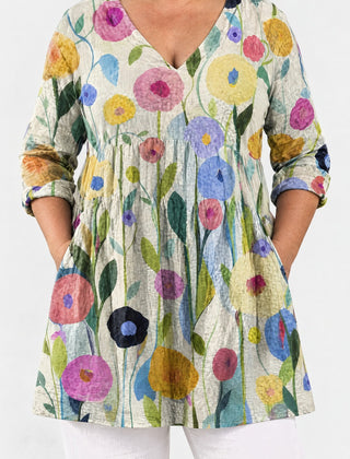Nellie long blouse front view on a plus-size model