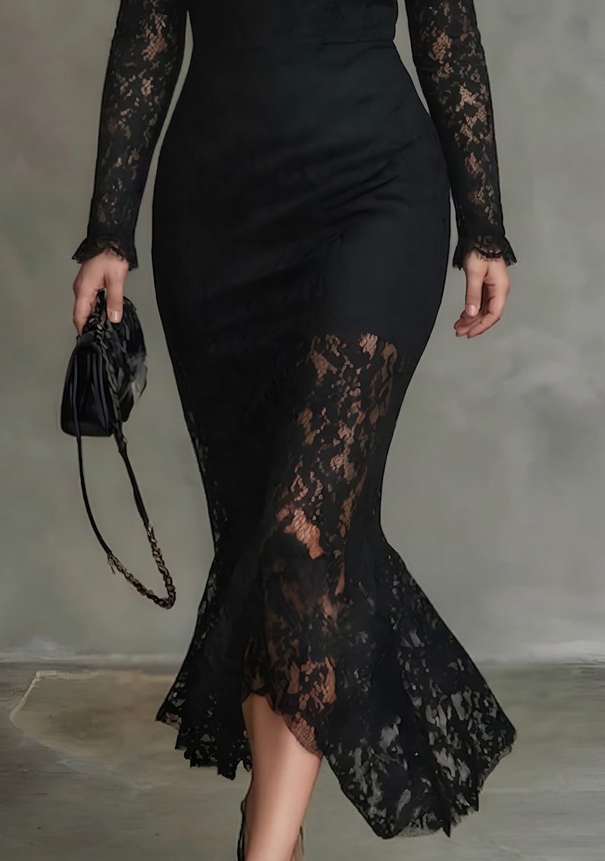 Elegant Black Stretchy Fishtail Maxi Dress