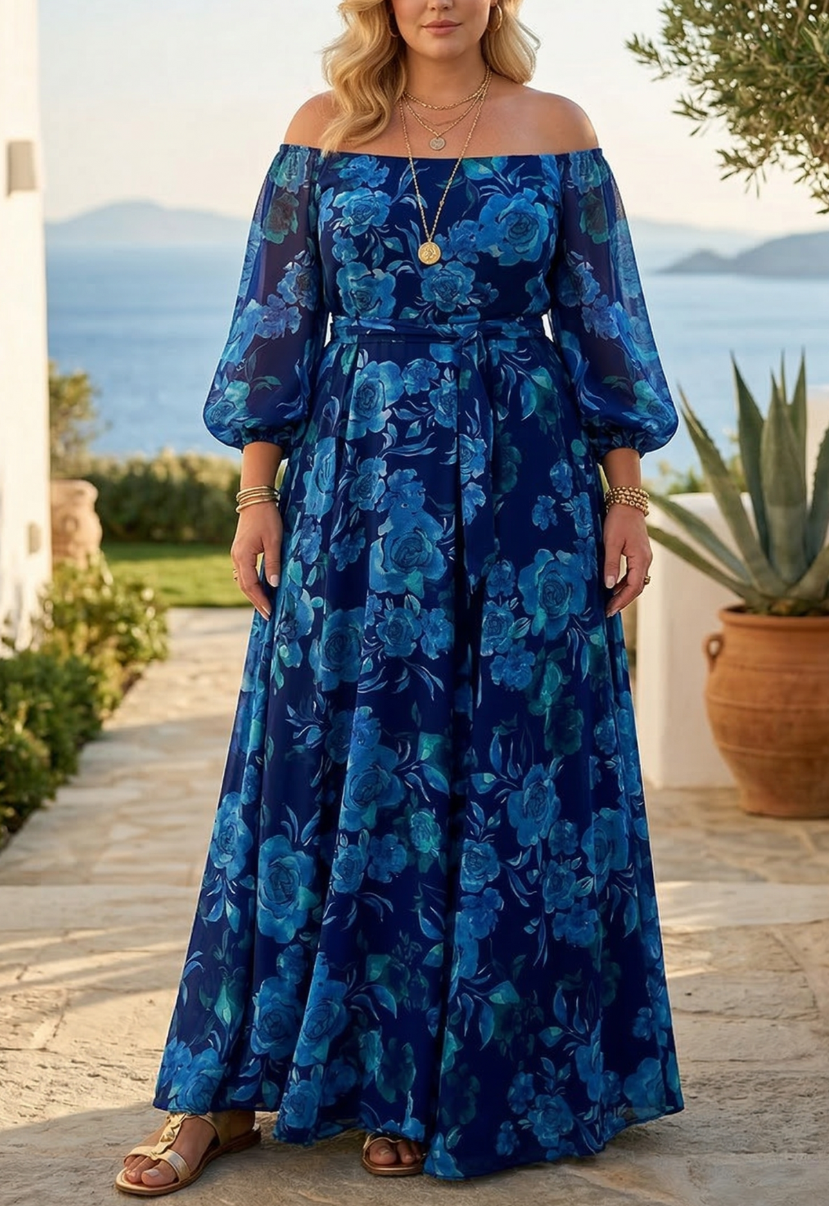 Francesca - Long dress with Floral pattern and off-the-shoulder sleeves
