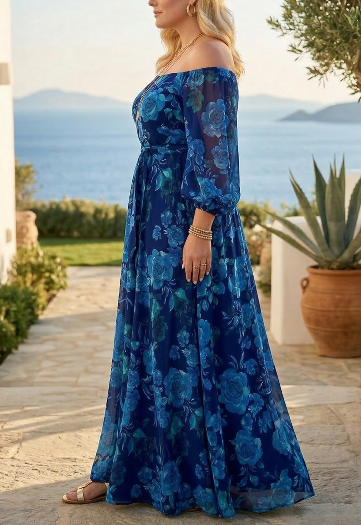Francesca - Long dress with Floral pattern and off-the-shoulder sleeves