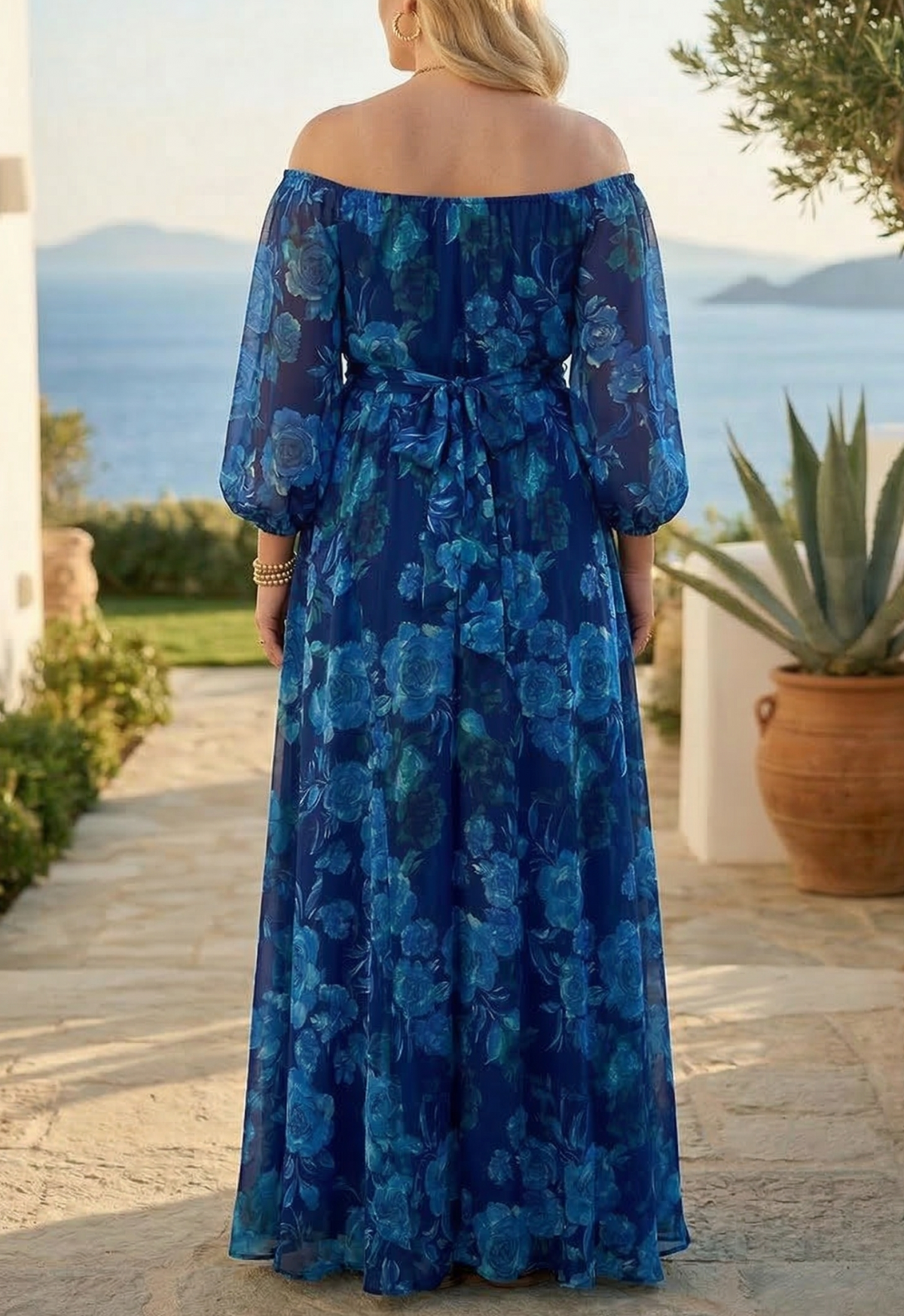 Francesca - Long dress with Floral pattern and off-the-shoulder sleeves