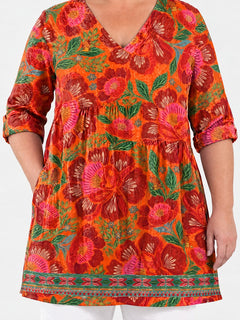 Priscilla long blouse front view on a plus-size model