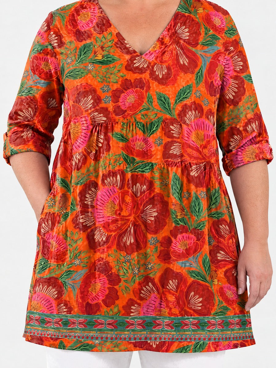 Priscilla long blouse front view on a plus-size model
