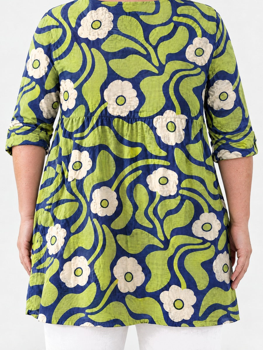 Stephanie long blouse back view on a plus-size model