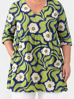 Stephanie long blouse front view on a plus-size model